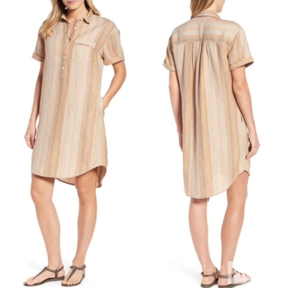 Caslon Linen Pocketed Striped Short-Sleeve Button-Front Shirt Dress M